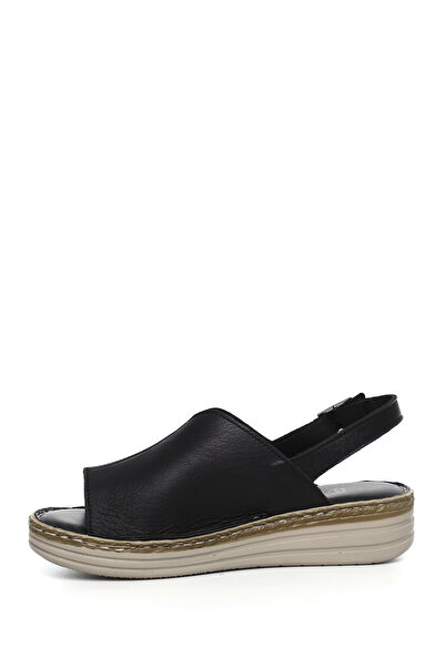 GÖNDERİ(R) Women's Black Wedge Heel Genuine Leather Comfort Sandals