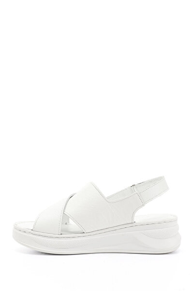 GÖNDERİ(R) Women's White Velcro Strap Wedge Heel Genuine Leather Comfort Sandals