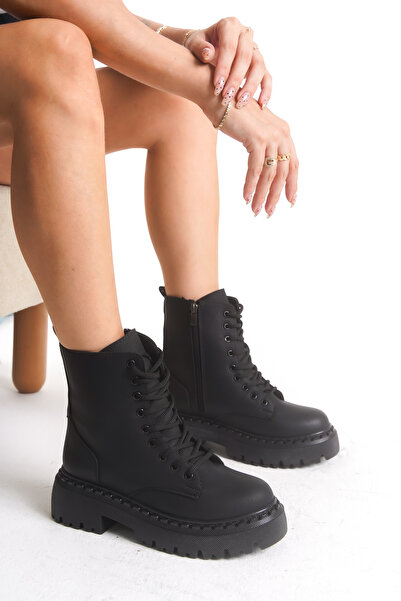 meyra'nın ayakkabıları Women's Black Matte Lace-Up and Zippered Boots