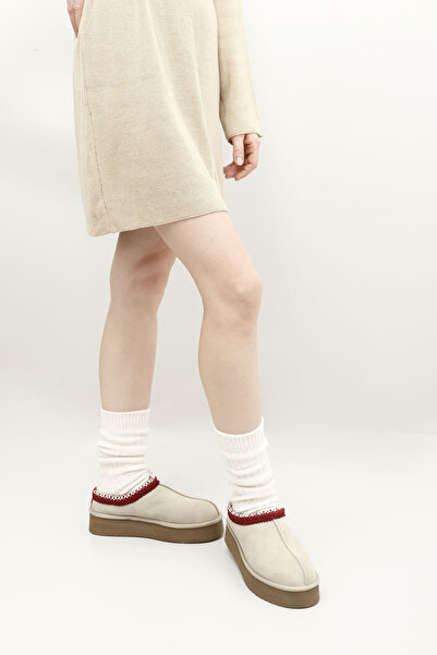 GÖNDERİ(R) Kadın / Kız Bej Nubuk W Tazz Kalın Tabanlı Hakiki Deri Kürklü Terlik