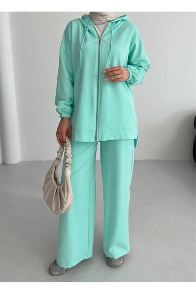 onlymoon Women's Green 100% Cotton Hooded Top and Bottom Set |   Oversize Comfortable Fit |   Suitable for 4 Seasons