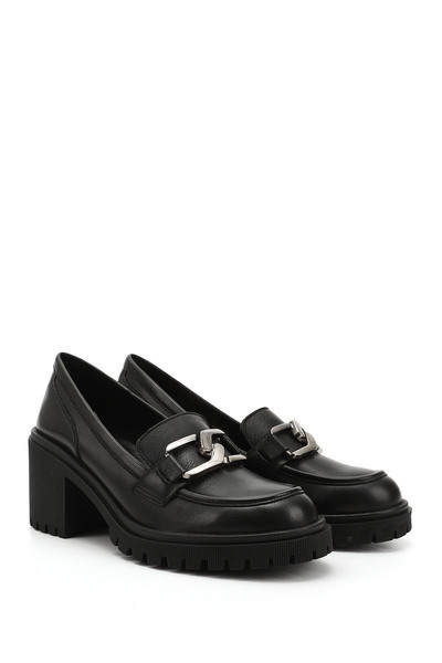 GÖNDERİ(R) Women's Black Buckle Medium Thick Heeled Genuine Leather Shoes