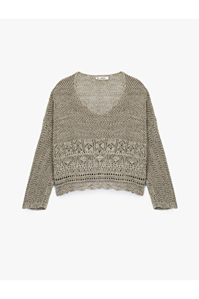 Koton Long Sleeve V-Neck Openwork Sweater