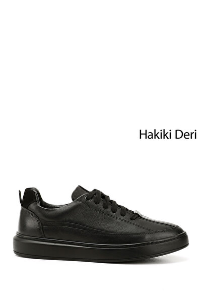 GÖNDERİ(R) Men's Black Lace-Up Rubber Sole Genuine Leather Sneakers