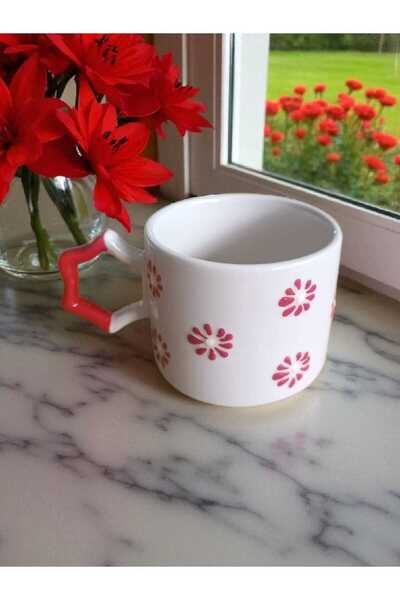 Simge Seramik Handcrafted Red Flowers Embroidered Natural Ceramic Mug Mug Tea / Cappuccino Cup