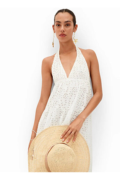 Desigual V Yaka Düz Beyaz Uzun Kadın Elbise 24SWVK46