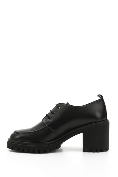 GÖNDERİ(R) Black Genuine Leather Round Toe Thick Heeled Lace up Women's Shoes 24300