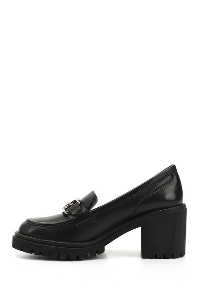 GÖNDERİ(R) Women's Black Buckle Medium Thick Heeled Genuine Leather Shoes