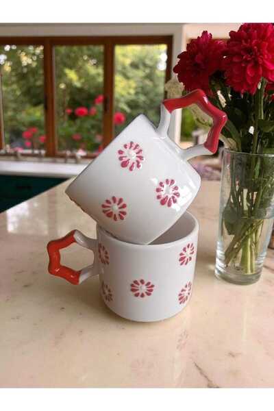 Simge Seramik 2 Pcs Handcrafted Red Flowers Embroidered Natural Ceramic Mug Mug Tea / Cappuccino Cup
