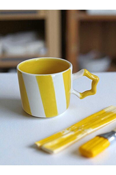 Simge Seramik 2 Pcs Handcrafted Stripe Two Colors Natural Ceramic Mug Mug Tea / Cappuccino Cup