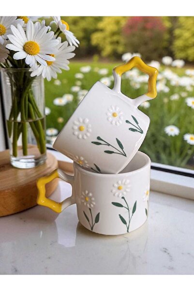 Simge Seramik Set of 2 Handcrafted Daisy Garden Embroidered Natural Ceramic Mug Mug Tea / Cappuccino Cup