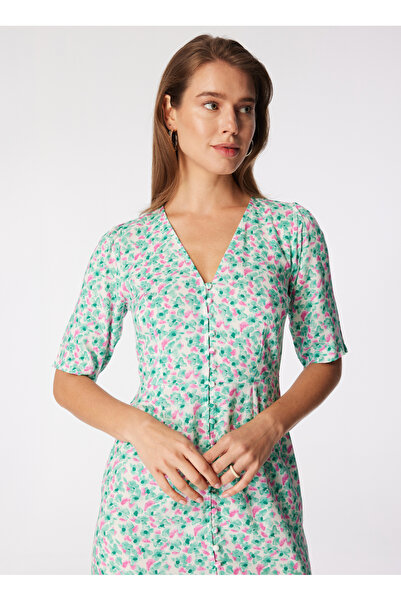 People By Fabrika V Yaka Desenli Yeşil Midi Kadın Elbise SPBF4SL-ELB5510