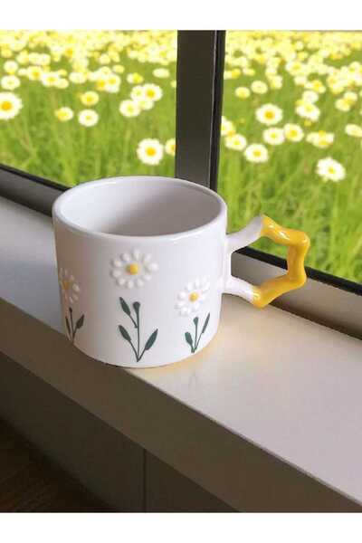 Simge Seramik Handcrafted Daisy Garden Embroidered Natural Ceramic Mug Mug Tea / Cappuccino Cup