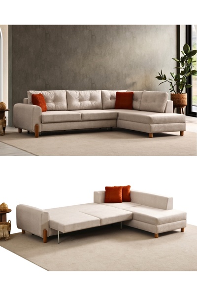 Velura Home & Living Rivaldu Köşe Takımı & Mekanizmalı Köşe Koltuk - Krem Ket...