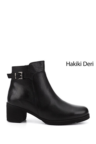 GÖNDERİ(R) Kadın / Kız Siyah Floter Fermuarlı Kalın Topuklu Hakiki Deri Bot