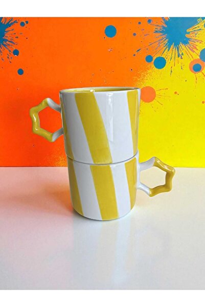 Simge Seramik 2 Pcs Handcrafted Stripe Two Colors Natural Ceramic Mug Mug Tea / Cappuccino Cup