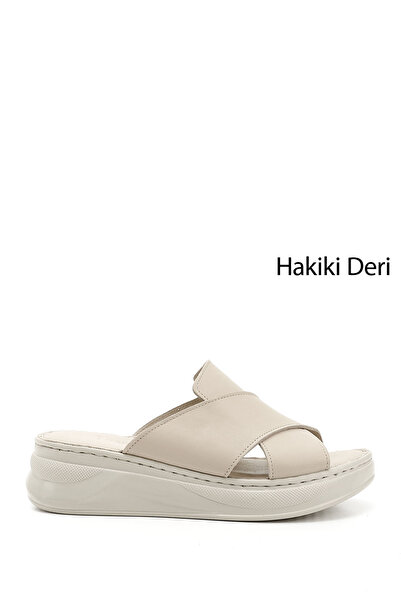 GÖNDERİ(R) Women / Girls Beige Cross-Strapped Wedge Heel Genuine Leather Comfort Slippers