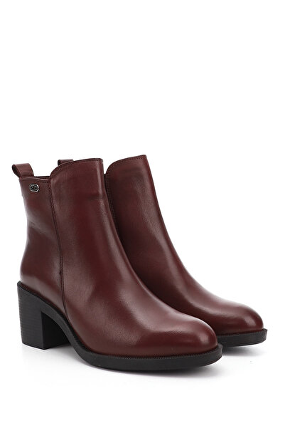 GÖNDERİ(R) Women / Girls Burgundy Zippered Thick Heeled Genuine Leather Boots