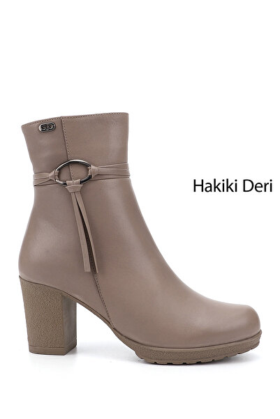 GÖNDERİ(R) Women/Girls Beige Zippered Thick Heeled Genuine Leather Boots