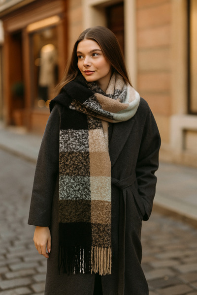 Luminos Butik Stylish Winter Scarf - Black Square Pattern, Tassel and Thick Warm Sal1292