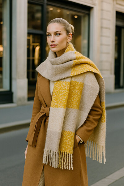 Luminos Butik Plaid Patterned Tasseled Soft Scarf - Warm, Saffron, Beige and Mink Colors Sal1284