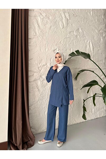 onlymoon Kadın Giyim Keten Kruvaze Yaka Oversize Bağlamalı Takım | Tunik Pantolon 2’li | Lacivert | Şık Basic