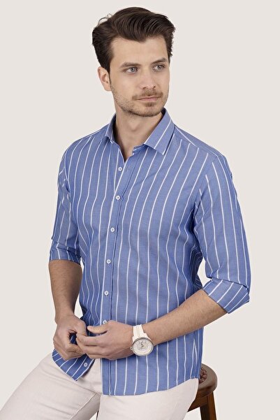 Etikmen Mavi Beyaz Çizgili Slimfit Erkek Gömlek