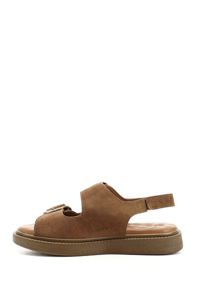 GÖNDERİ(R) Women's Tan Suede Velcro Buckle Wedge Sole Genuine Leather Comfort Sandals