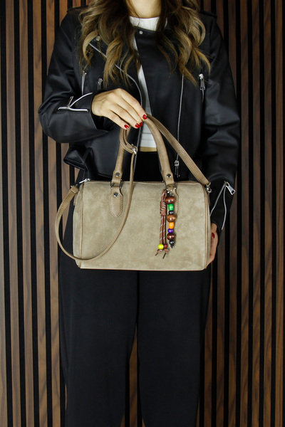 Erkan Saçmacı Mink Genuine Cowhide Suede Daily Large Size Shoulder Bag with Zippered Inner Pocket and Beaded Accessories