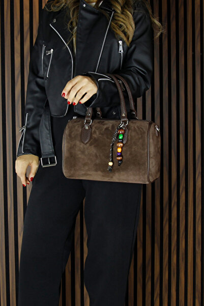 Erkan Saçmacı Καφέ γνήσιο δέρμα αγελάδας σουέτ τσάντα ώμου μεγάλου μεγέθους καθημερινή με εσωτερική τσέπη με φερμουάρ και αξεσουάρ με χάντρες