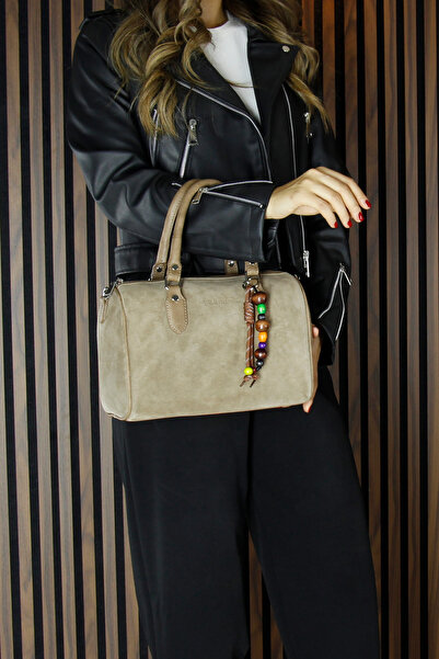 Erkan Saçmacı Mink Genuine Cowhide Suede Daily Large Size Shoulder Bag with Zippered Inner Pocket and Beaded Accessories