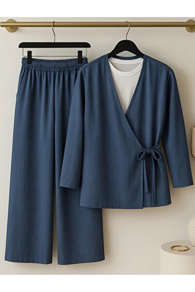 onlymoon Kadın Giyim Keten Kruvaze Yaka Oversize Bağlamalı Takım | Tunik Pantolon 2’li | Lacivert | Şık Basic