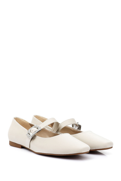 GÖNDERİ(R) Women's Beige Satin Stone Ankle Strap Mary Jane Ballerinas