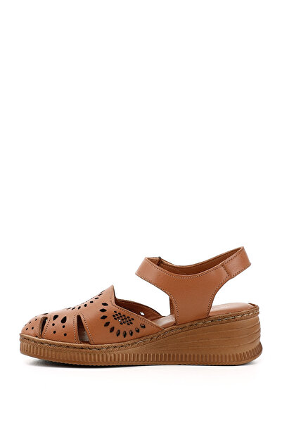 GÖNDERİ(R) Women's Tan Antique Velcro Strap Wedge Heel Genuine Leather Sandals