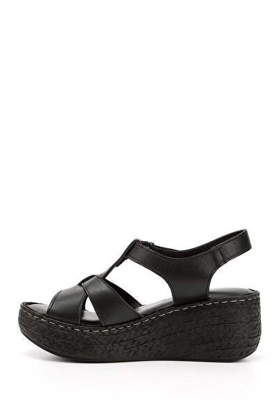 GÖNDERİ(R) Women's Black Velcro Strap Wedge Sole Genuine Leather Sandals