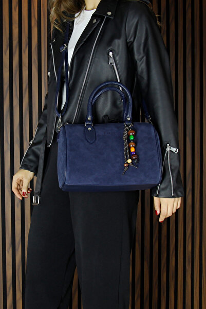 Erkan Saçmacı Navy Blue Genuine Cowhide Suede Daily Large Size Shoulder Bag with Zippered Inner Pocket and Beaded Accessories