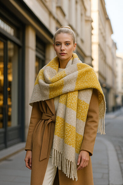 Luminos Butik Plaid Patterned Tasseled Soft Scarf - Warm, Saffron, Beige and Mink Colors Sal1284