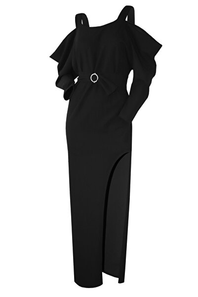 Atelier Anca Socolovschi Rochie dama, neagra, lunga cu crapatura pe picior si umeri cazuti