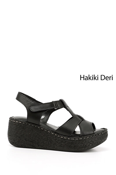 GÖNDERİ(R) Women's Black Velcro Strap Wedge Sole Genuine Leather Sandals