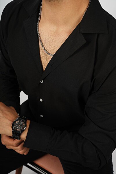 Etikmen Ανδρικό πουκάμισο μαύρο λινό Apaj Collar Relax Fit