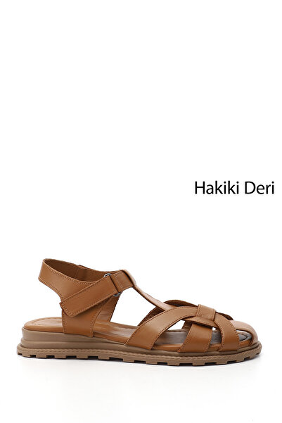 GÖNDERİ(R) Γυναικεία / Κορίτσια Tan Antique Velcro Strap Closed Toe Σανδάλια από γνήσιο δέρμα