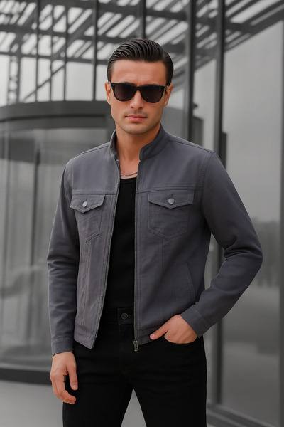 Pobudo Antrasit Renk Fermuarlı Erkek Kot Ceket