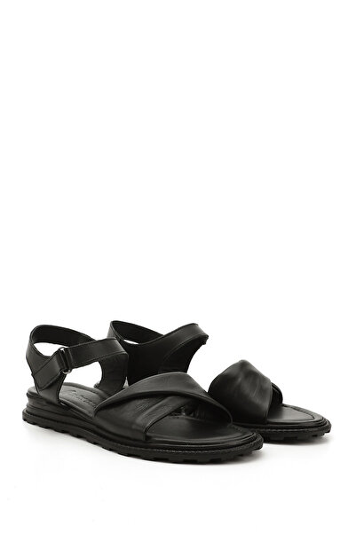 GÖNDERİ(R) Women's Black Velcro Strap Genuine Leather Sandals