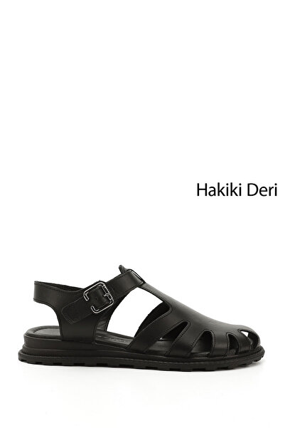 GÖNDERİ(R) Black Gön Genuine Leather Flat Sole Women's Sandals 45056