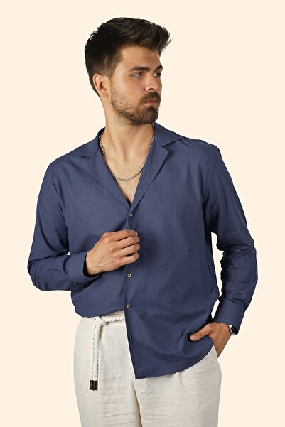 Etikmen Чоловіча сорочка оверсайз з аплікаційним коміром індиго з льону