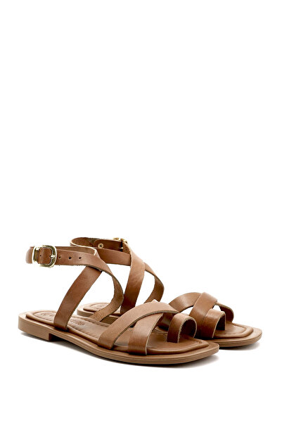GÖNDERİ(R) Women's Tan Flip-Flop Ankle-Strap Genuine Leather Sandals