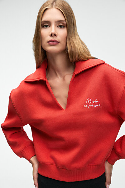 GRIMELANGE HANEL Kadın V Gömlek Yaka Nakış Detaylı Regular Fit Kırmızı Sweatshirt