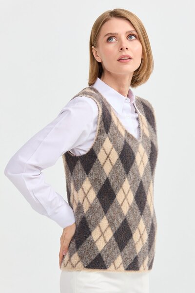 Desen Triko Women's Argyle Patterned Sweater 12