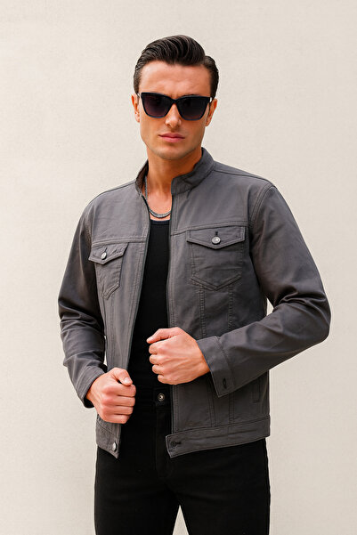 Pobudo Antrasit Renk Fermuarlı Erkek Kot Ceket