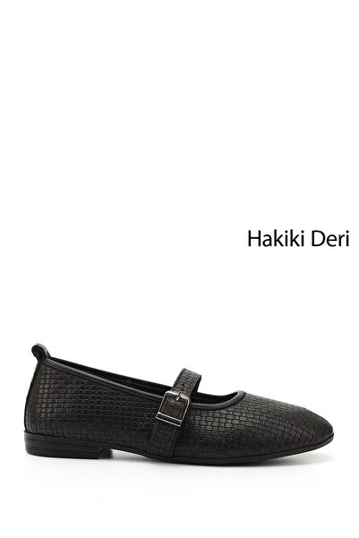 GÖNDERİ(R) Women / Girls Black Straw Printed Mary Jane Genuine Leather Ballerinas